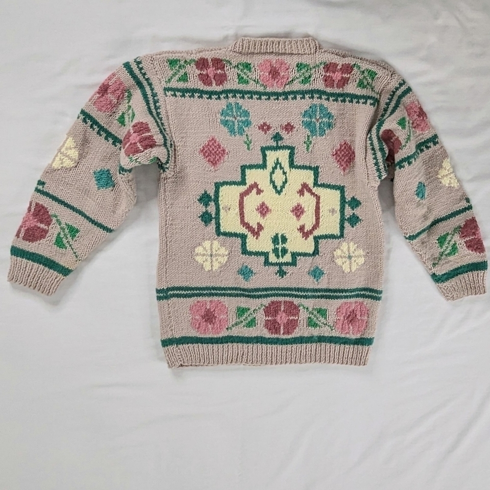 VTG Handmade Cream Pink Fair Isle Soft Chunky Knit Floral Cottage Clover Sweater - Picture 4 of 6